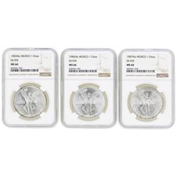 Lot of (3) Mexico 1 Onza Silver Libertad Coins NGC MS66