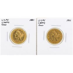 Lot of 1881 & 1901 $5 Liberty Head Half Eagle Gold Coins