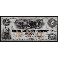 1850's $2 Adrian Insurance Company Obsolete Bank Note