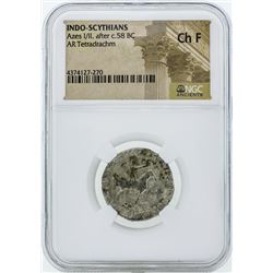 58 BC Indo Scythians Azes I/II AR Tetradrachm Coin NGC Ch F