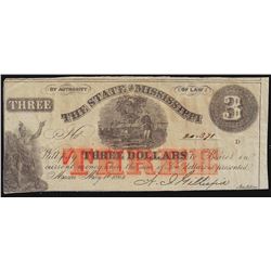 1864 $3 The State of Mississippi Obsolete Bank Note