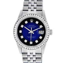 Rolex Mens Stainless Steel Blue Vignette Princess Cut Diamond Datejust Wristwatc