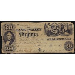 1856 $20 Bank of the Valley Virginia Obsolete Bank Note