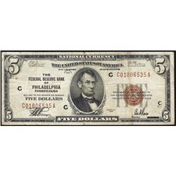 1929 $5 The Federal Reserve Bank of Philadelphia Note