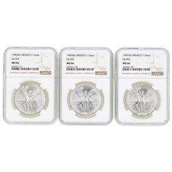 Lot of (3) Mexico 1 Onza Silver Libertad Coins NGC MS66