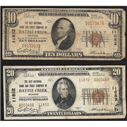 Set of 1929 $10 & $20 Battle Creek Michigan National Currency Notes CH# 11852