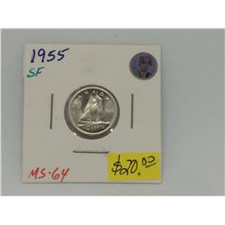 1955 Canada Shoulder Fold Silver 10 Cents-Elizabeth II