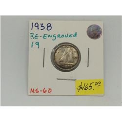 1938 Re-Engraved 19 Canada Silver 10 Cents-Rare Variety