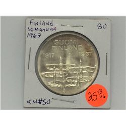 1967 Finland 10 Markkaa ,900% silver-23,75 gr