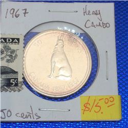 1967 (1867) Canada Silver 50 Cents-Heavy Cameo-Centennial Design-Howling Wolf