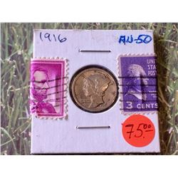 1916 USA Silver Mercury Dime AU-50