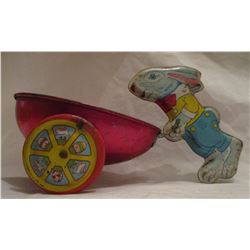 Vintage Tin Lithographed Toy Rabbit Bunny Pulling Cart Wagon Easter J Chein 1950's