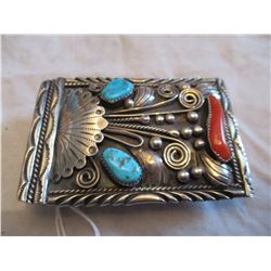 Vintage Navajo Sterling Silver Turquoise and Coral Belt Buckle