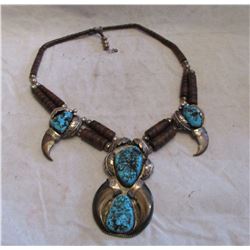 Vintage Navajo Kingman Turquoise Bear Claw Sterling Silver Necklace