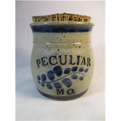 Great Advertising Crock from Peculiar Mo with Cork Lid