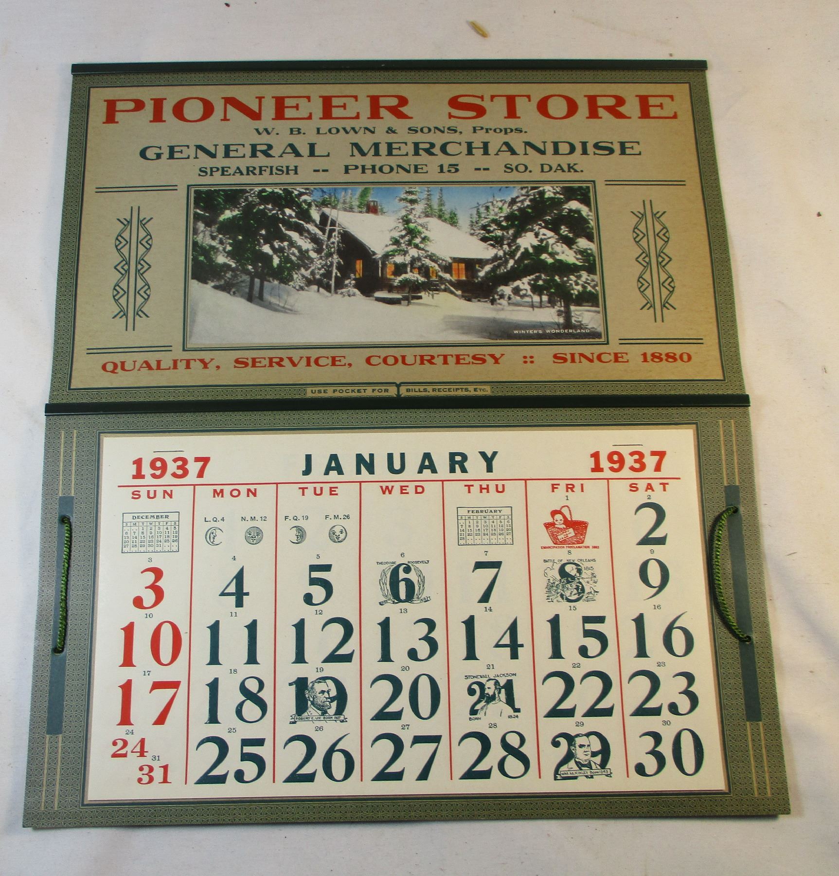 1937 Calendar from the Pioneer Store Spearfish South Dakota