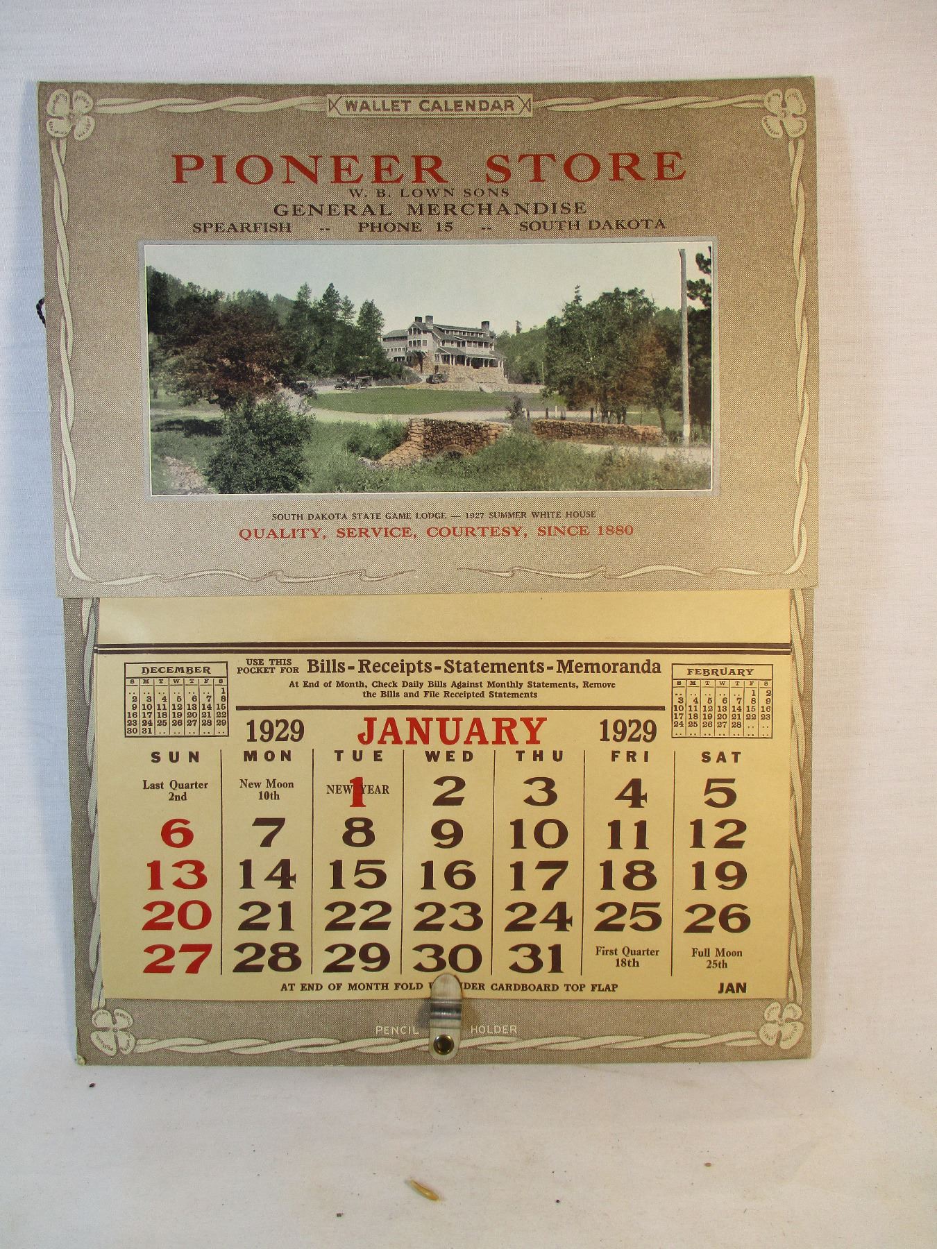 1929 Calendar With Pockets From The Pioneer Store Spearfish South Dakota 1929-calendar-with-pockets-from-the-pioneer-store-spearfish-south-dakota