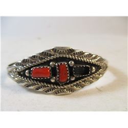 Vintage Sterling Silver and Coral Navajo Cuff Bracelet Marie B Marked