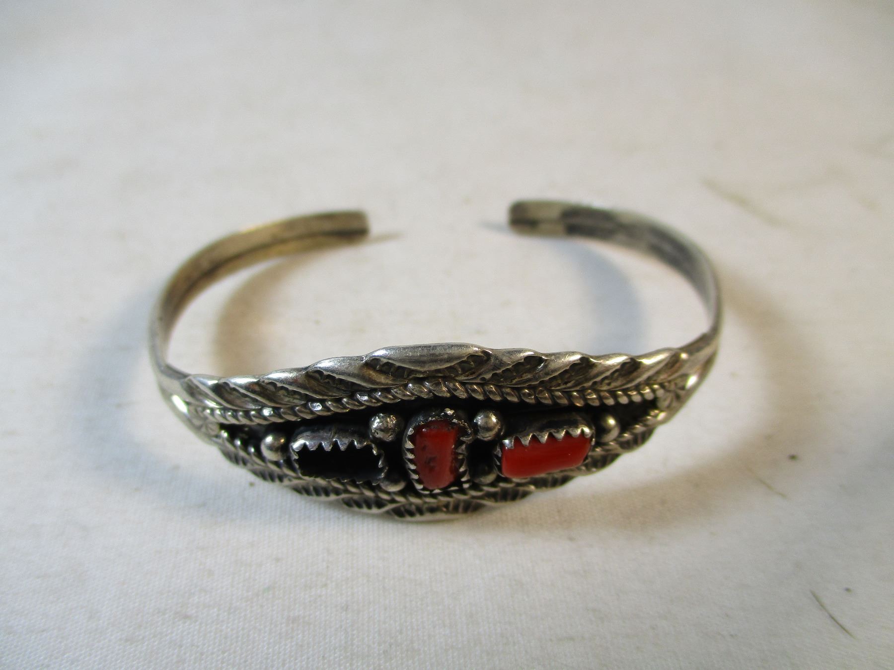 Vintage Sterling Silver and Coral Navajo Cuff Bracelet Marie B Marked