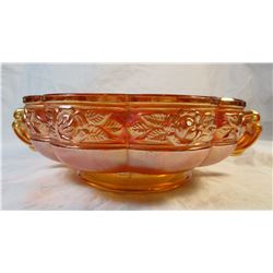 Vintage Orange Marigold Carnival Glass Rose Pattern Bowl With Handles