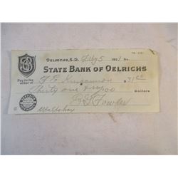 1921 State Bank of Oelrichs Check  E G Fowler