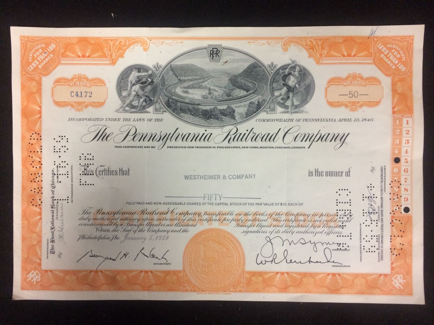 1959 THE PENNSYLVANIA RAILROAD COMPANY STOCK CERTIFICATE (50 SHARES)