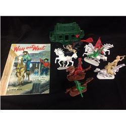 VINTAGE COWBOYS & INDIANS FIGURE LOT W/ WAY OUT WEST STORY BOOK