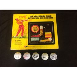 AUTOGRAPHED GOLF BALLS & OSCAR JR. GOLF CLUB/ GLOVE CLEANING SET (KOO, RILEY, VAN PELT, SENDEN)