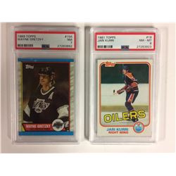 1989 TOPPS #156 WAYNE GRETZKY (NM 7) & 1981 TOPPS #18 JARI KURRI (NM-MT 8) PSA