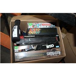 BOX OF BOARD GAMES AND SCARFACE COLLECTIBLES