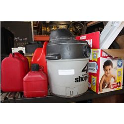 LOT OF GAS CANS AND SHOP VAC