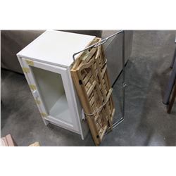 WOOD FOLDING SHELF AND WHITE GLASS DOOR CABINET