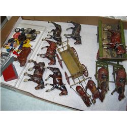 LOT OF ANTIQUE METAL HORSE AND BUGGYS AND PARTS