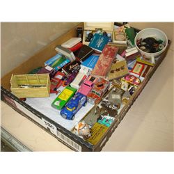 TRAY OF COLLECTIBLES MARBLES BUTTONS MATCHES KEYS ETC