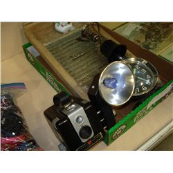 ANTIQUE WASHBOARD BOX CAMERA TROPHY AND CLOCK