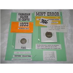 CARD OF CANADIAN SILVER 1933 10 CENT AND MINT ERROR CANADIAN NICKEL