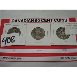 THREE CANADIAN 50 CENT COINS 1972 1974 AND 1984