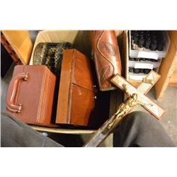 LOT OF WOOD AND LEATHER CASES AND CRUCIFIX