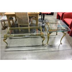 BRASS AND GLASS TOP COFFE TABLE AND ENDTABLE