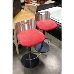 PAIR OF METAL BAR STOOLS WITH RED SEATS