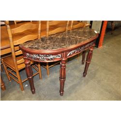 NEW DECORATIVE CARVED MAHOGANY FAUX MARBLE TOP SOFA TABLE