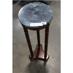 ROUND STONE TOP MAHOGANY FINISH PLANTER STAND