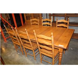 PINE TABLE WITH LEAF AND SIX PINE LADDER BACK CHAIRS