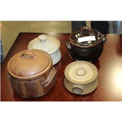 FOUR COVERED POTTERY CASSEROLE POTS