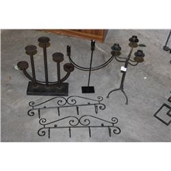 THREE IRON CANDLESTANDS AND TWO IRON WALL HOOKS