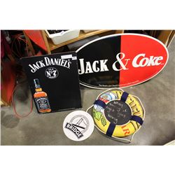 JACK AND COKE SIGN, METAL JACK DANIELS SIGN, AND BRIDGE BREWING LO SIGN