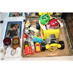 LOT OF TOY CARS AND TOYS AND TRAY OF COLLECTIBLES AND PINS