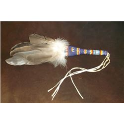 Unmarked Larry Miller Beaded Feather Duster- Rawhide Strings- 17" L