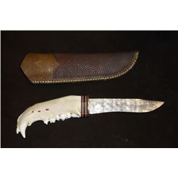Unmarked Damascus Knife- Jawbone Handle Leather and Beaver Tail Sheath Marked Schram