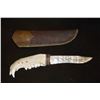 Image 1 : Unmarked Damascus Knife- Jawbone Handle Leather and Beaver Tail Sheath Marked Schram